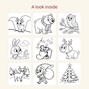 May include: A coloring page set titled A look inside featuring nine black and white line art illustrations of a reindeer, a bear in a scarf, an owl on a branch, a rabbit with a snowman, a mouse in a stocking, a dog, a deer, Santa, and a tree.