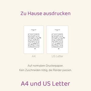 May include: Two printable maze activity sheets displayed side-by-side, labeled A4 and US Letter. Each sheet features a black and white maze with the German text 'Folge dem Weg!' and small illustrations. The image includes the text 'Zu Hause ausdrucken', 'Auf normalem Druckerpapier. Kein Zuschneiden n&ouml;tig, die R&auml;nder passen.', and 'A4 und US Letter'.