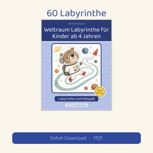 May include: A puzzle book titled 60 Labyrinthe, Weltraum Labyrinthe f&uuml;r Kinder ab 4 Jahren, featuring a cartoon bear in a space suit floating in space with planets and a rocket. The cover includes the text Labyrinthe und Malspa&szlig; and M. von Wedelstoedt.