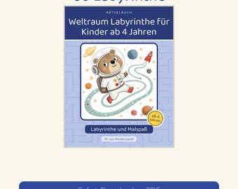 May include: A puzzle book titled 60 Labyrinthe, Weltraum Labyrinthe für Kinder ab 4 Jahren, featuring a cartoon bear in a space suit floating in space with planets and a rocket. The cover includes the text Labyrinthe und Malspaß and M. von Wedelstoedt.