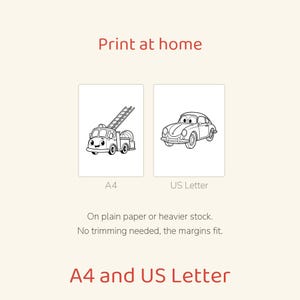 Puede incluir: Archivo digital para imprimir en casa con dos p&aacute;ginas para colorear de un cami&oacute;n de bomberos y un coche. El texto dice Print at home, A4, US Letter, On plain paper or heavier stock. No trimming needed, the margins fit. A4 and US Letter.