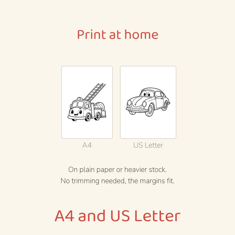 Puede incluir: Archivo digital para imprimir en casa con dos p&aacute;ginas para colorear de un cami&oacute;n de bomberos y un coche. El texto dice Print at home, A4, US Letter, On plain paper or heavier stock. No trimming needed, the margins fit. A4 and US Letter.