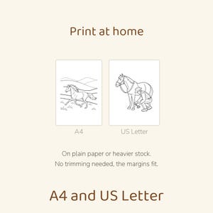 May include: Two printable coloring pages with brown text. One page labeled A4 shows a horse running in a field. The other page labeled US Letter shows a person shoeing a horse. Text includes Print at home, On plain paper or heavier stock. No trimming needed, the margins fit. A4 and US Letter.