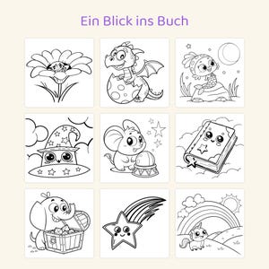 May include: A coloring book page titled Ein Blick ins Buch featuring nine black and white line art illustrations including a fairy in a flower, a dragon, a mermaid, a wizard hat, a mouse with a crystal ball, a book, an elephant, a star, and a unicorn.