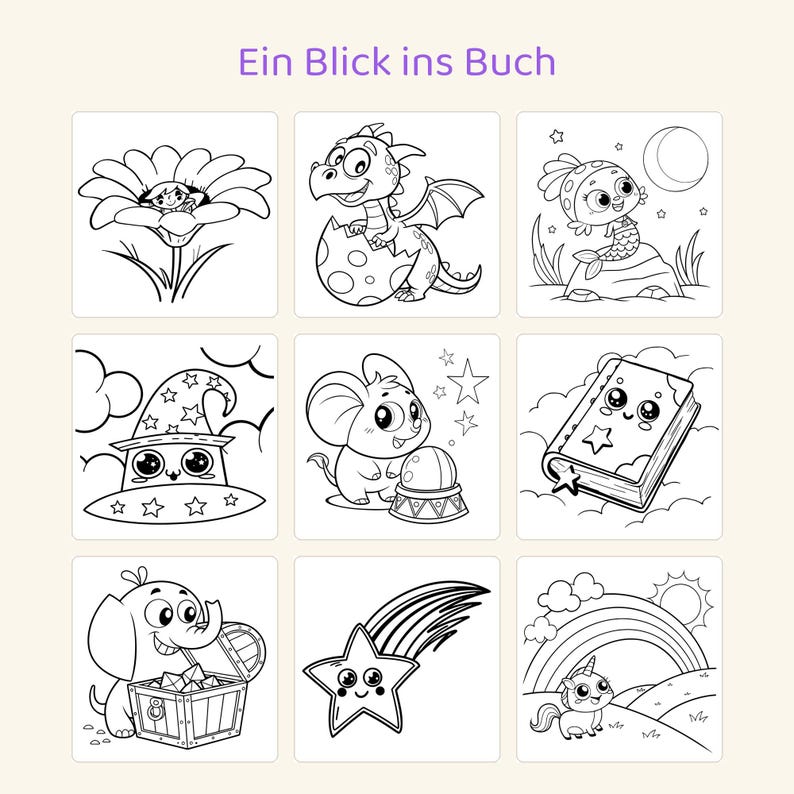 May include: A coloring book page titled Ein Blick ins Buch featuring nine black and white line art illustrations including a fairy in a flower, a dragon, a mermaid, a wizard hat, a mouse with a crystal ball, a book, an elephant, a star, and a unicorn.