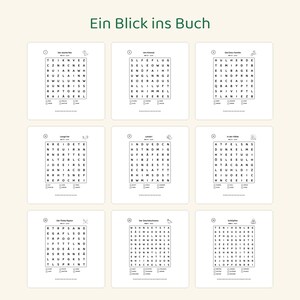 May include: A collection of nine black and white word search puzzles featuring dinosaur themes. Each grid contains rows of letters with a list of words to find below. The text "Ein Blick ins Buch" is printed in green at the top of the page.
