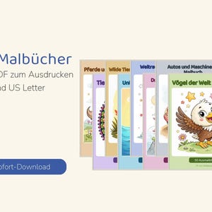Op de afbeelding: Een set van 10 digitale kleurboeken in PDF-formaat voor A4 en US Letter printen. De covers bevatten kleurrijke illustraties van dieren, voertuigen en natuur. De voorste cover toont een adelaar en de tekst V&ouml;gel der Welt - Malbuch.