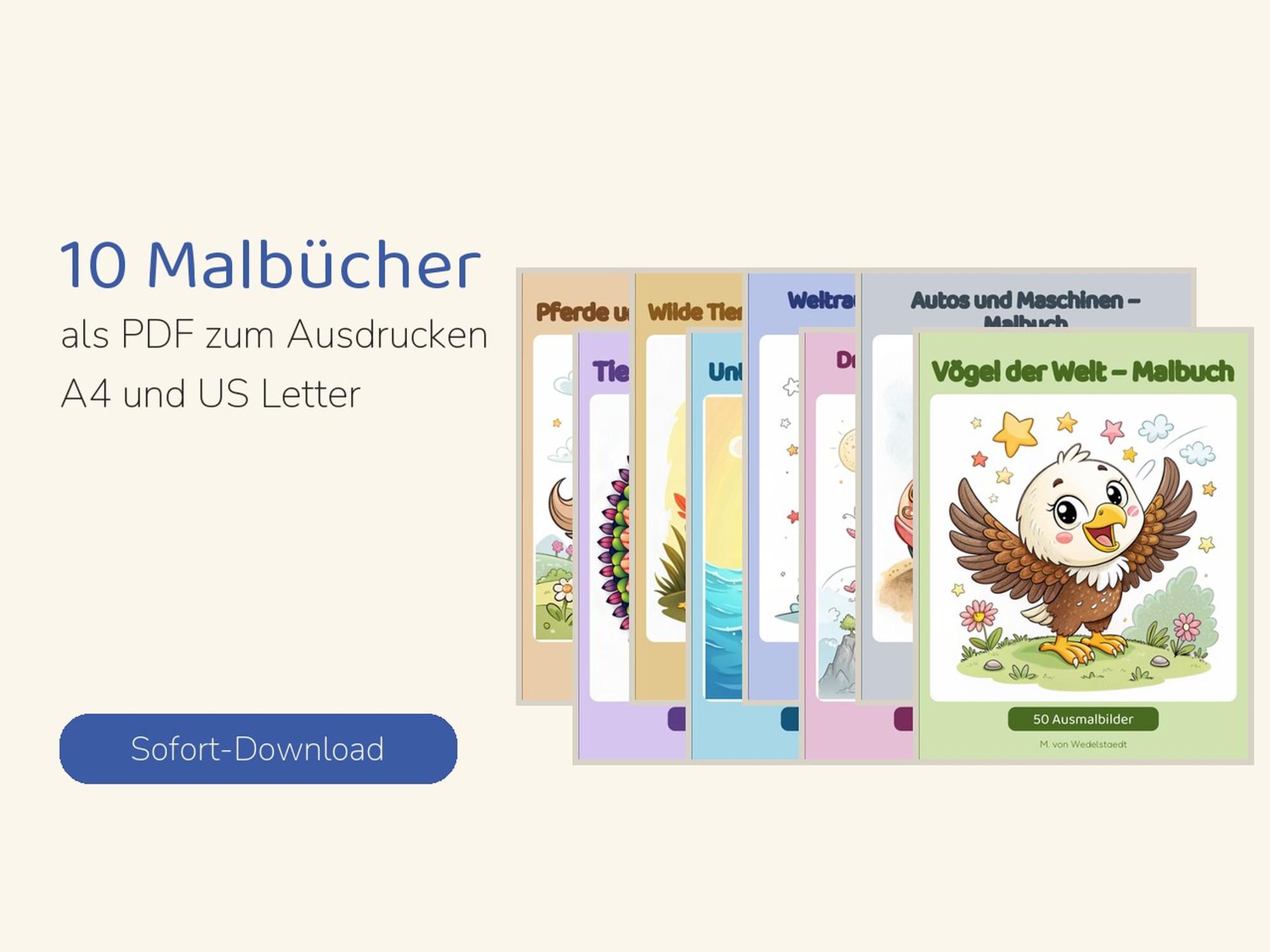 Op de afbeelding: Een set van 10 digitale kleurboeken in PDF-formaat voor A4 en US Letter printen. De covers bevatten kleurrijke illustraties van dieren, voertuigen en natuur. De voorste cover toont een adelaar en de tekst V&ouml;gel der Welt - Malbuch.