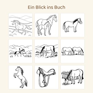 May include: A colouring book page titled Ein Blick ins Buch featuring nine black and white line art illustrations of horses in various poses, including a mare with a foal, a horse with a rider, a rearing horse, and a horse saddle.