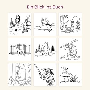 Puede incluir: Una cuadr&iacute;cula de nueve ilustraciones de arte lineal en blanco y negro titulada Ein Blick ins Buch. Las im&aacute;genes muestran una sirena, una sirena con un p&aacute;jaro, una serpiente, un perro junto a una valla, un yeti, un cavern&iacute;cola, un arquero, un mago y un hada.