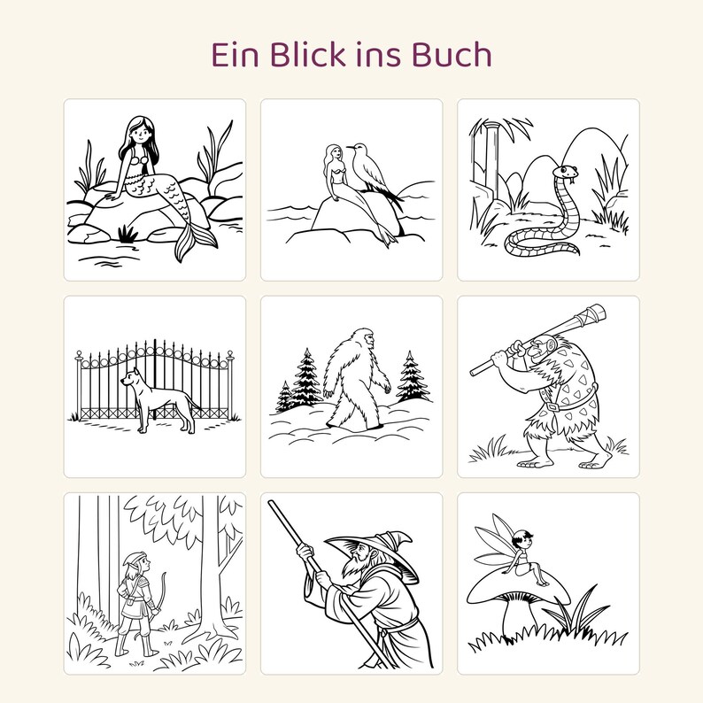 Puede incluir: Una cuadr&iacute;cula de nueve ilustraciones de arte lineal en blanco y negro titulada Ein Blick ins Buch. Las im&aacute;genes muestran una sirena, una sirena con un p&aacute;jaro, una serpiente, un perro junto a una valla, un yeti, un cavern&iacute;cola, un arquero, un mago y un hada.