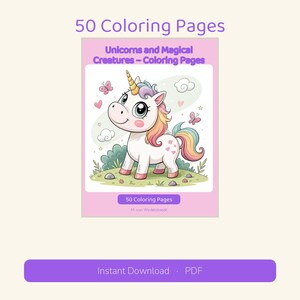 Puede incluir: Una portada de libro para colorear digital titulada 50 Coloring Pages: Unicorns and Magical Creatures &ndash; Coloring Pages. La ilustraci&oacute;n muestra un unicornio blanco con crin y cola de arco&iacute;ris, un cuerno amarillo y corazones rosas en un campo.