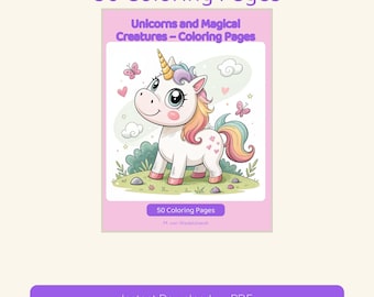 May include: A digital coloring book cover titled 50 Coloring Pages: Unicorns and Magical Creatures – Coloring Pages. The illustration features a white unicorn with a rainbow mane and tail, a yellow horn, and pink heart markings on a grassy field.