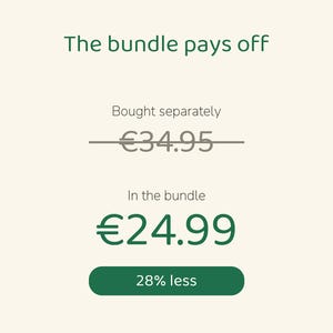 Puede incluir: Una pantalla gr&aacute;fica con el texto The bundle pays off. Muestra un precio tachado de 34,95 euros etiquetado como Bought separately, un precio de 24,99 euros etiquetado como In the bundle y un bot&oacute;n verde que indica 28% less.