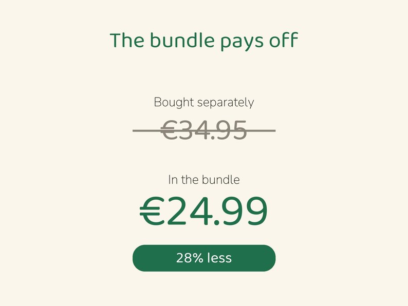Puede incluir: Una pantalla gr&aacute;fica con el texto The bundle pays off. Muestra un precio tachado de 34,95 euros etiquetado como Bought separately, un precio de 24,99 euros etiquetado como In the bundle y un bot&oacute;n verde que indica 28% less.