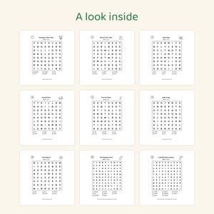 May include: A collection of nine word search puzzles arranged in a grid, titled A look inside. Each square puzzle features a letter grid, a theme heading, and a list of words to find, including Monkeys in the Trees, Birds in the Trees, Little Bugs, Animal Parts, The Hot Plains, Little Frogs, The Peacock, The Elephant Herd, and Cold-Blooded Crawlers.