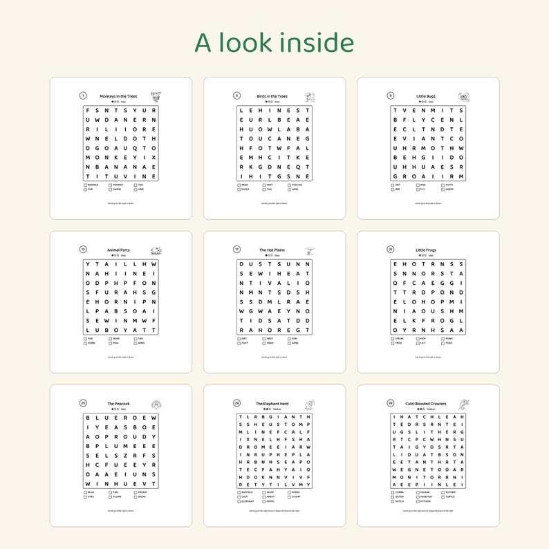 May include: A collection of nine word search puzzles arranged in a grid, titled A look inside. Each square puzzle features a letter grid, a theme heading, and a list of words to find, including Monkeys in the Trees, Birds in the Trees, Little Bugs, Animal Parts, The Hot Plains, Little Frogs, The Peacock, The Elephant Herd, and Cold-Blooded Crawlers.
