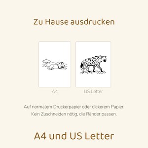 May include: Two printable digital documents labeled A4 and US Letter. The A4 sheet features a black and white line drawing of a lion resting in a savanna. The US Letter sheet shows a black and white line drawing of a spotted hyena walking.
