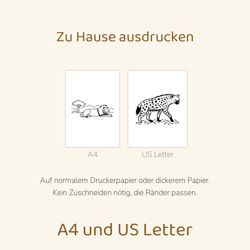 May include: Two printable digital documents labeled A4 and US Letter. The A4 sheet features a black and white line drawing of a lion resting in a savanna. The US Letter sheet shows a black and white line drawing of a spotted hyena walking.