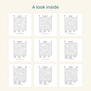 May include: A collection of nine word search puzzles arranged in a grid, titled A look inside. Each puzzle features a square letter grid, a list of words to find, and a small icon. The puzzles include Fast Hunters, The Treasure Hunt, On the water, Underwater Forest, At the Dock, Life on the Reef, Glowing Jellies, Flying Underwater, and The Pirate Ship.