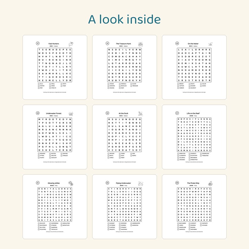 May include: A collection of nine word search puzzles arranged in a grid, titled A look inside. Each puzzle features a square letter grid, a list of words to find, and a small icon. The puzzles include Fast Hunters, The Treasure Hunt, On the water, Underwater Forest, At the Dock, Life on the Reef, Glowing Jellies, Flying Underwater, and The Pirate Ship.