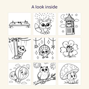 May include: A coloring book page titled A look inside featuring nine black and white line art illustrations including a party table, a fox with confetti, a clock tower, a monkey on a pole, a disco ball, a ladybug, hot air balloons, an owl, and a mushroom.