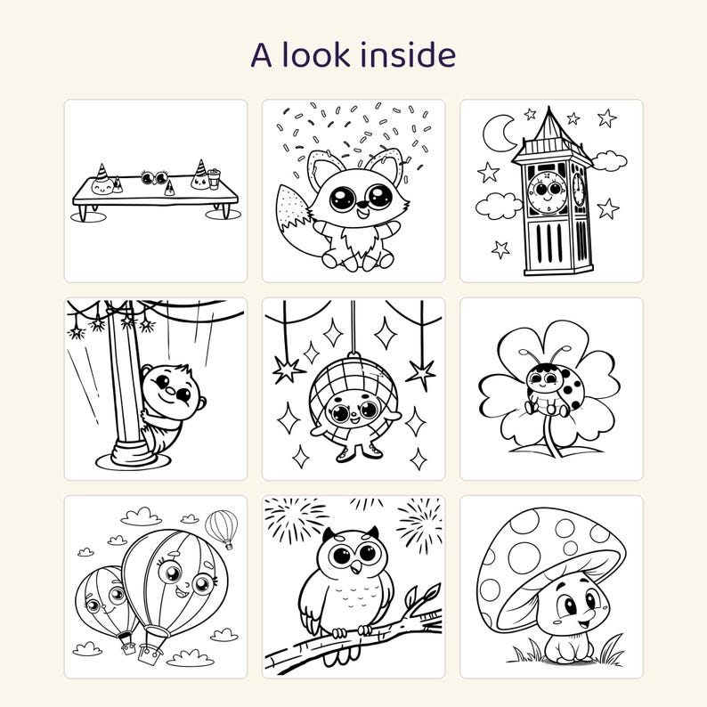 May include: A coloring book page titled A look inside featuring nine black and white line art illustrations including a party table, a fox with confetti, a clock tower, a monkey on a pole, a disco ball, a ladybug, hot air balloons, an owl, and a mushroom.