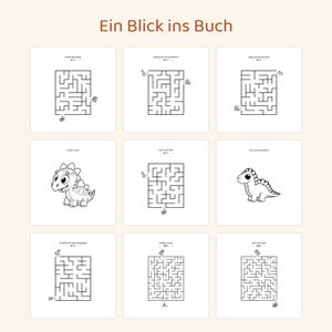 Puede incluir: Una colecci&oacute;n de p&aacute;ginas de actividades titulada Ein Blick ins Buch, con laberintos en blanco y negro e ilustraciones de dinosaurios. Cada panel cuadrado contiene un rompecabezas o un dibujo con t&iacute;tulos en alem&aacute;n sobre los dise&ntilde;os.