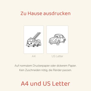 May include: A digital coloring page set featuring a cartoon fire truck and a classic car. The text reads Zu Hause ausdrucken, A4, US Letter, Auf normalem Druckerpapier oder dickerem Papier. Kein Zuschneiden n&ouml;tig, die R&auml;nder passen, A4 und US Letter.