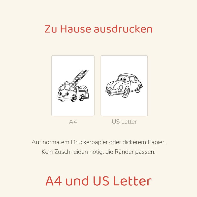 May include: A digital coloring page set featuring a cartoon fire truck and a classic car. The text reads Zu Hause ausdrucken, A4, US Letter, Auf normalem Druckerpapier oder dickerem Papier. Kein Zuschneiden n&ouml;tig, die R&auml;nder passen, A4 und US Letter.