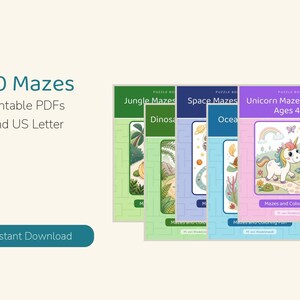 May include: A collection of 300 printable maze puzzle books in PDF format for A4 and US Letter sizes. The covers feature themes including Jungle Mazes, Dinosaur, Space Mazes, Ocean, and Unicorn Mazes for Kids Ages 4-8 with colorful illustrations.