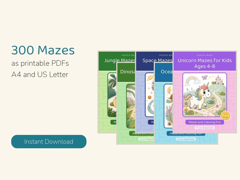 May include: A collection of 300 printable maze puzzle books in PDF format for A4 and US Letter sizes. The covers feature themes including Jungle Mazes, Dinosaur, Space Mazes, Ocean, and Unicorn Mazes for Kids Ages 4-8 with colorful illustrations.