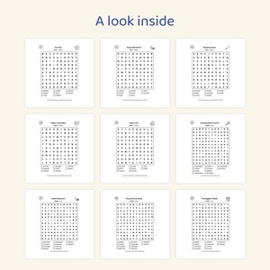 May include: A collection of nine word search puzzles arranged in a grid, titled A look inside. Each puzzle features a square letter grid, a numbered header, and a list of words to find below. The themes include space-related topics.