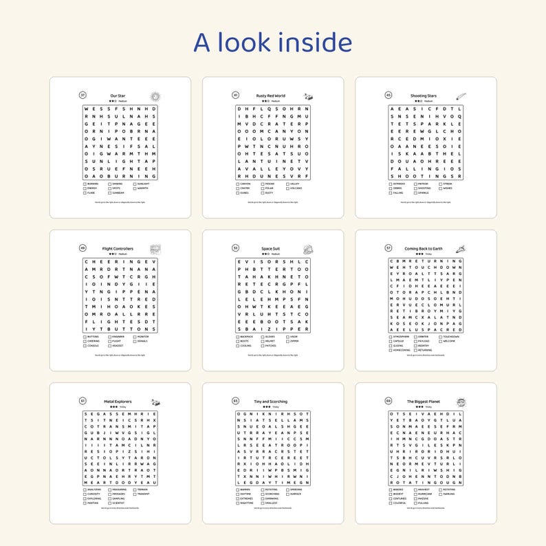 May include: A collection of nine word search puzzles arranged in a grid, titled A look inside. Each puzzle features a square letter grid, a numbered header, and a list of words to find below. The themes include space-related topics.