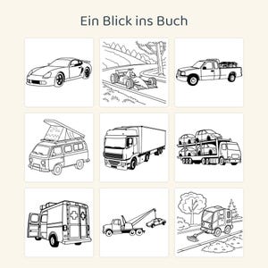 May include: A coloring page titled Ein Blick ins Buch featuring nine black and white line art illustrations of various vehicles including a sports car, race car, pickup truck, camper van, semi-truck, car carrier, ambulance, tow truck, and street sweeper.