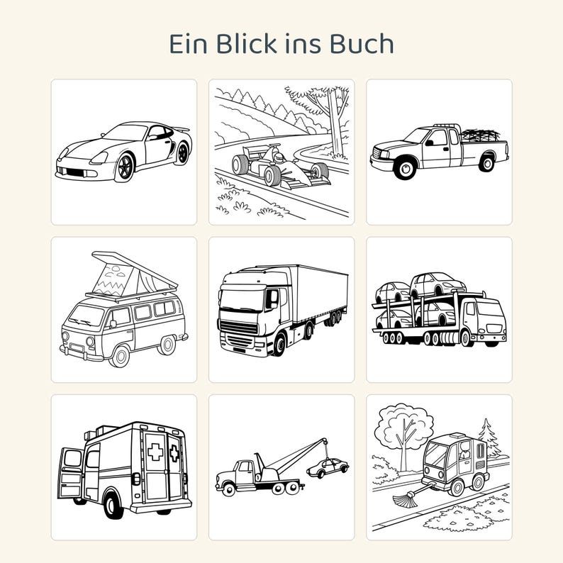 May include: A coloring page titled Ein Blick ins Buch featuring nine black and white line art illustrations of various vehicles including a sports car, race car, pickup truck, camper van, semi-truck, car carrier, ambulance, tow truck, and street sweeper.