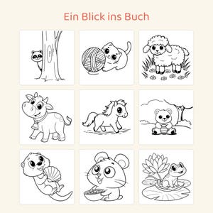 May include: A coloring book page titled Ein Blick ins Buch featuring nine black and white line art illustrations of animals including a raccoon, cat with yarn, sheep, cow, horse, bear with honey, otter, hamster, and a frog on a lily pad.