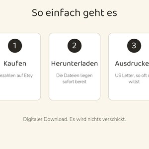 Puede incluir: Un gr&aacute;fico de instrucciones de tres pasos titulado So einfach geht es. Los pasos son 1 Kaufen, 2 Herunterladen y 3 Ausdr&uuml;cken, con subt&iacute;tulos sobre pago, acceso instant&aacute;neo a archivos e impresi&oacute;n en US Letter. El texto inferior dice: Digitaler Download. Es wird nichts verschickt.