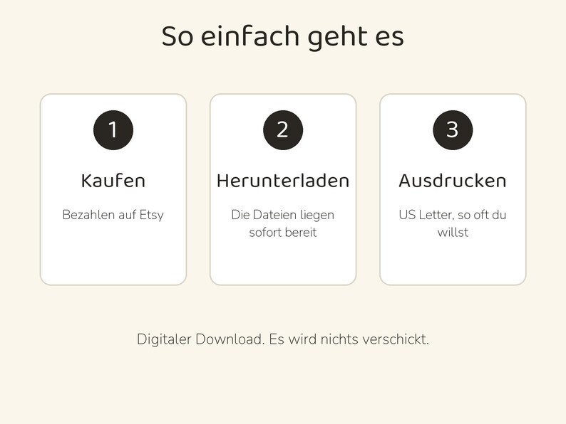 Puede incluir: Un gr&aacute;fico de instrucciones de tres pasos titulado So einfach geht es. Los pasos son 1 Kaufen, 2 Herunterladen y 3 Ausdr&uuml;cken, con subt&iacute;tulos sobre pago, acceso instant&aacute;neo a archivos e impresi&oacute;n en US Letter. El texto inferior dice: Digitaler Download. Es wird nichts verschickt.
