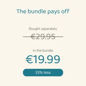 May include: A graphic display with the text The bundle pays off. It shows a crossed-out price of 29.95 euros labeled Bought separately, a price of 19.99 euros labeled In the bundle, and a teal button with the text 33% less.