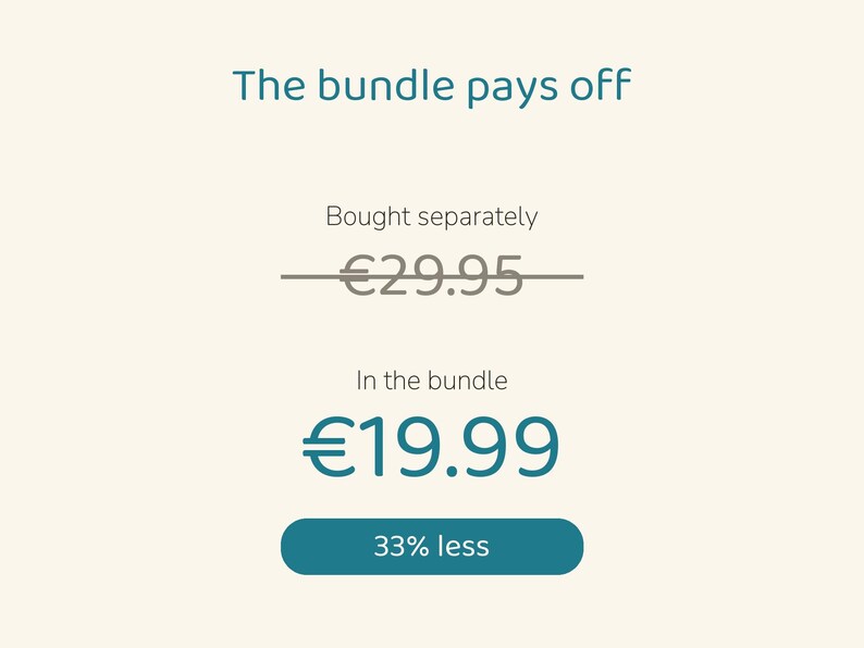 May include: A graphic display with the text The bundle pays off. It shows a crossed-out price of 29.95 euros labeled Bought separately, a price of 19.99 euros labeled In the bundle, and a teal button with the text 33% less.