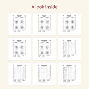 May include: A collection of nine word search puzzles titled A look inside. Each square grid contains letters and a list of words to find, including themes like Tree Decorations, The Workshop, Winter Woods, Wooden Soldier, and Sweet Architects.