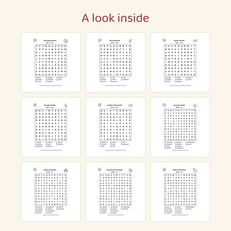 May include: A collection of nine word search puzzles titled A look inside. Each square grid contains letters and a list of words to find, including themes like Tree Decorations, The Workshop, Winter Woods, Wooden Soldier, and Sweet Architects.