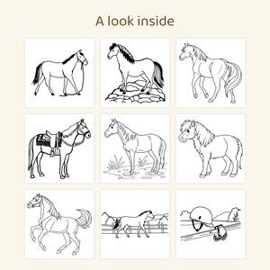 May include: A grid of nine black and white line art illustrations featuring horses in various poses, including a saddled horse, a horse on rocks, and a horse in a field. The text A look inside is centered at the top of the page.
