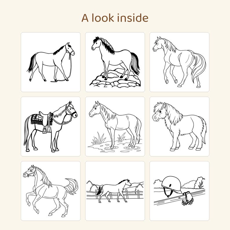 May include: A grid of nine black and white line art illustrations featuring horses in various poses, including a saddled horse, a horse on rocks, and a horse in a field. The text A look inside is centered at the top of the page.