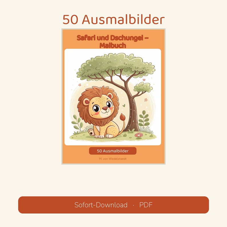 50 målarbilder med safari och djungel – Målarbok | Barn 3–6 år | Utskrivbar PDF | Direktnedladdning | A4 + US Letter bild 1