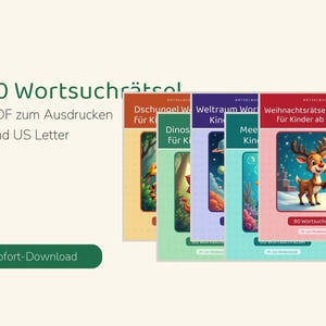 May include: A collection of four digital word search puzzle books for children, featuring colorful covers with themes like jungle, space, ocean, and Christmas. The text includes 400 Wortsuchr&auml;tsel, Sofort-Download, and various German titles.