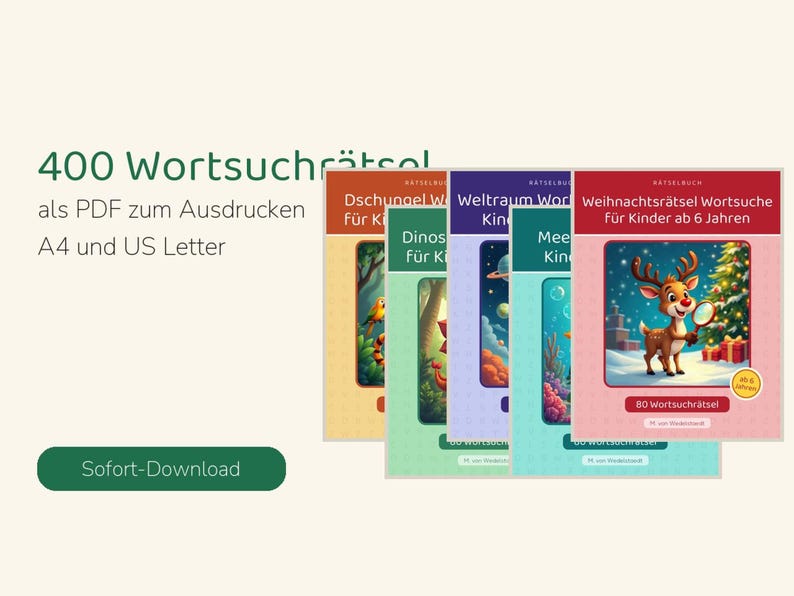 May include: A collection of four digital word search puzzle books for children, featuring colorful covers with themes like jungle, space, ocean, and Christmas. The text includes 400 Wortsuchr&auml;tsel, Sofort-Download, and various German titles.
