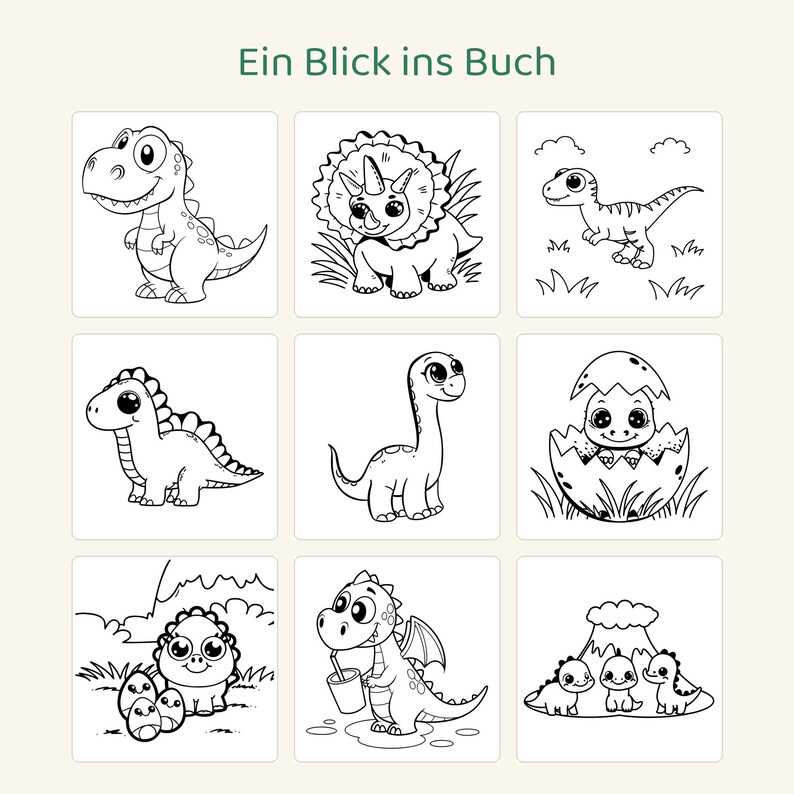 Puede incluir: Una p&aacute;gina de libro para colorear titulada Ein Blick ins Buch que presenta nueve ilustraciones distintas en blanco y negro de dinosaurios de dibujos animados, incluyendo un T-Rex, un triceratops, un saur&oacute;podo de cuello largo y un beb&eacute;.