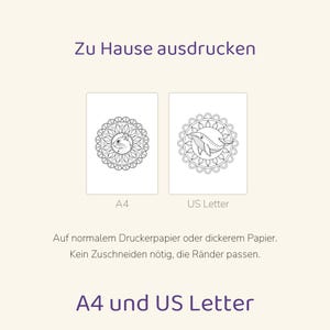 May include: Two printable coloring pages featuring a cat and a whale inside circular mandala patterns. The text reads Zu Hause ausdrucken, A4, US Letter, Auf normalem Druckerpapier oder dickerem Papier. Kein Zuschneiden n&ouml;tig, die R&auml;nder passen, A4 und US Letter.